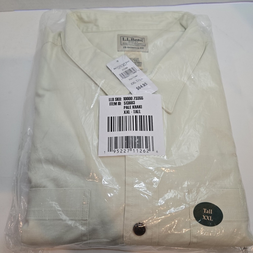 LL Bean Mens 2XLT Traditional Fit Long Sleeve Pale Khaki Shirt 99% Cotton NWT
